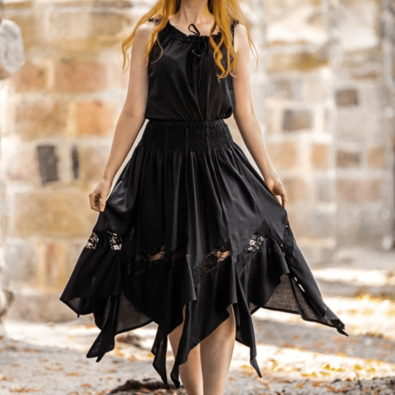 Black Viking Skirt | Flowing Silhouette with Lace Detailing