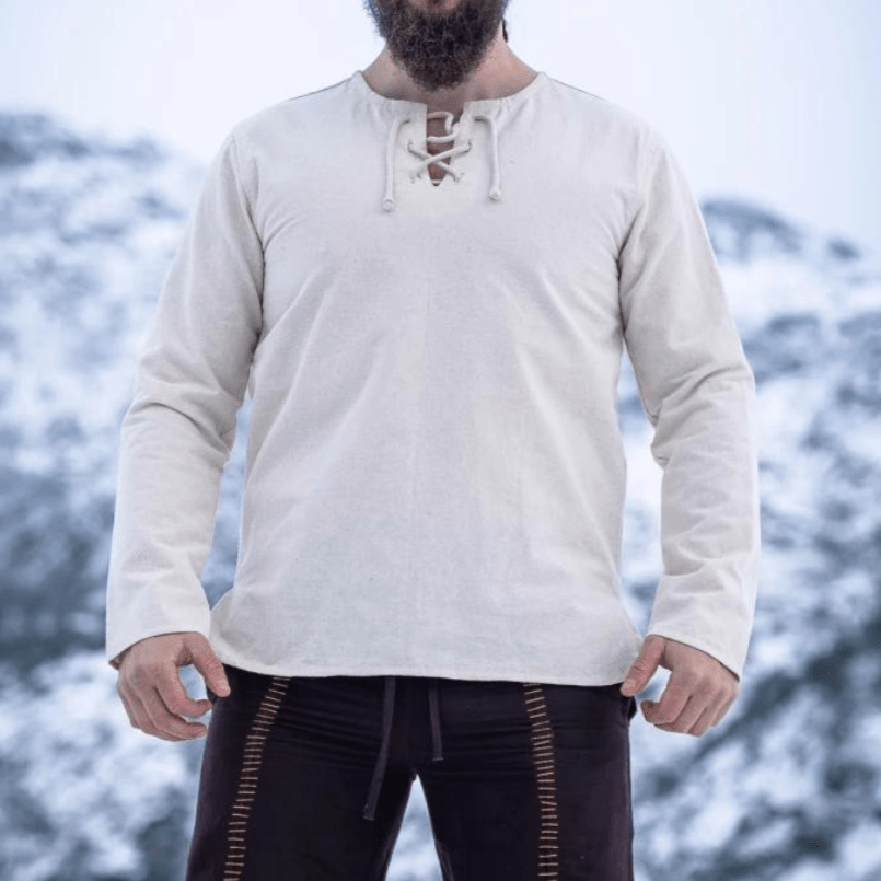 Natural Cotton Viking Tunic | Long Sleeves, Lace-Up Collar