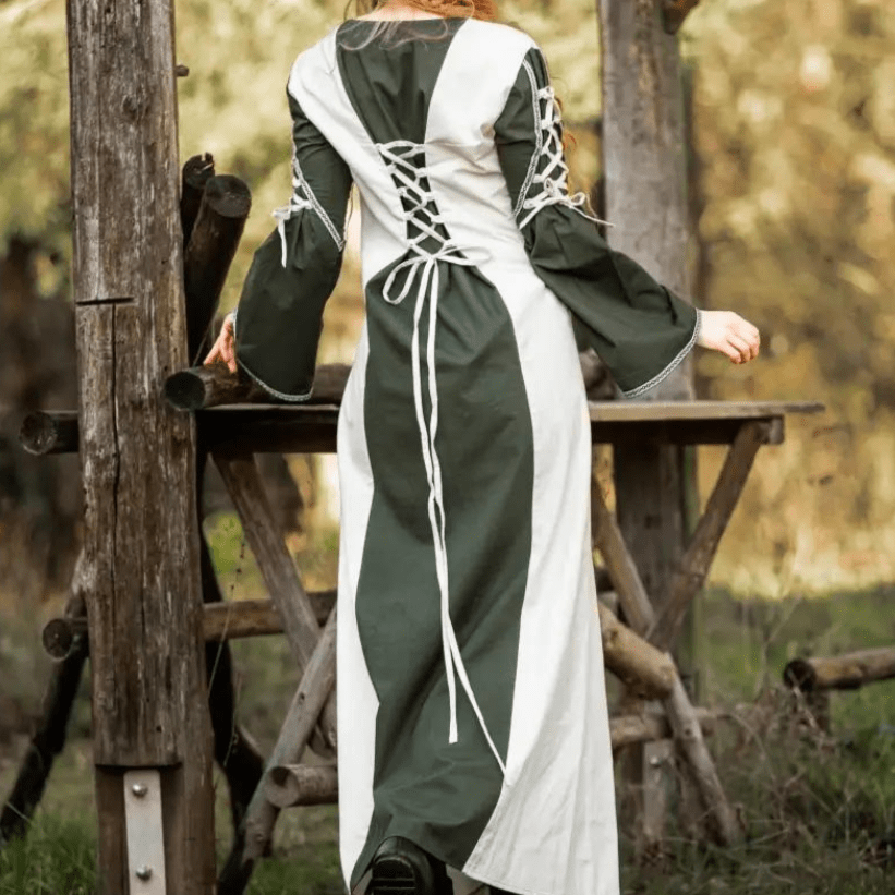 Viking Dress With Laces - Natural and Green Dress with Border