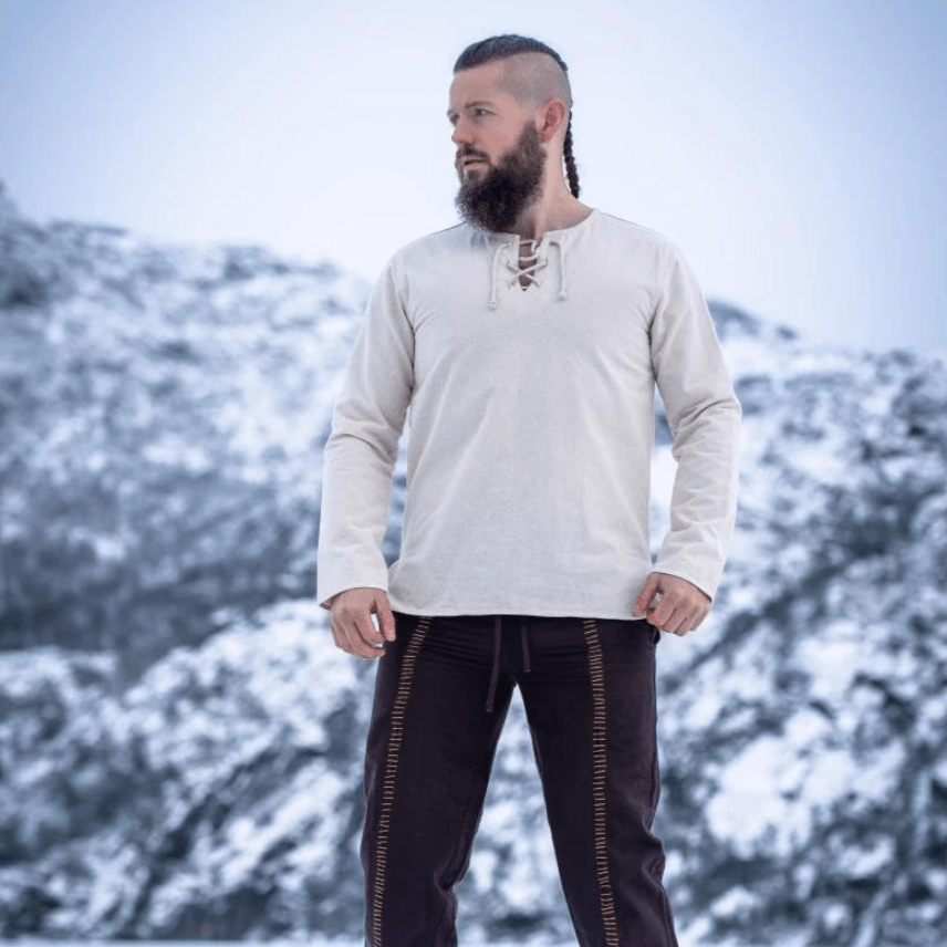 Natural Cotton Viking Tunic | Long Sleeves, Lace-Up Collar