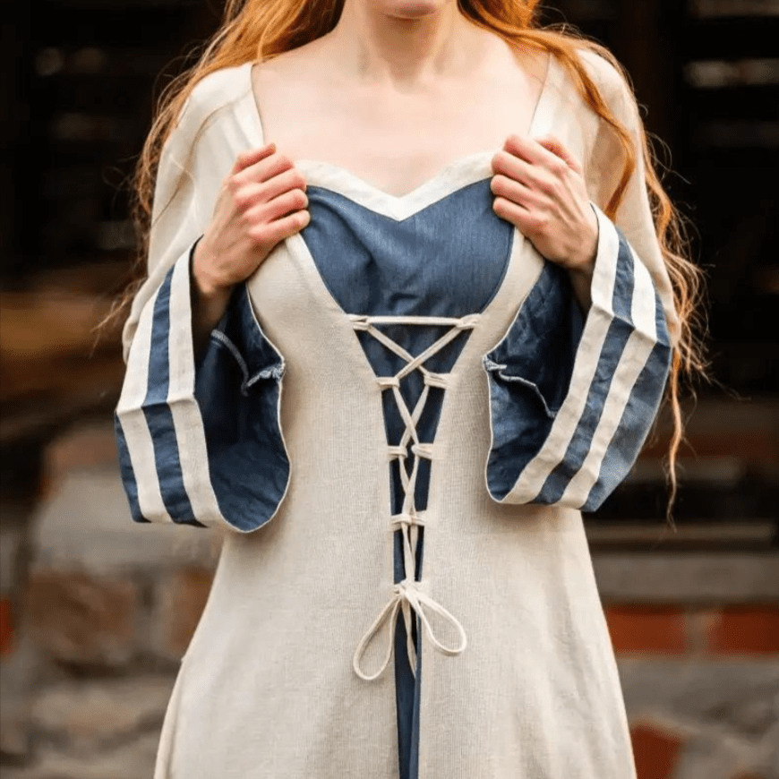Viking Dress - Long Sleeves in Natural and Blue with Lacing