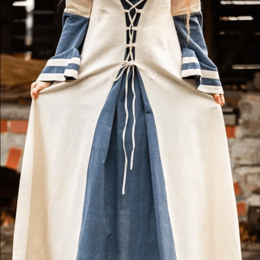 Viking Dress - Long Sleeves in Natural and Blue with Lacing