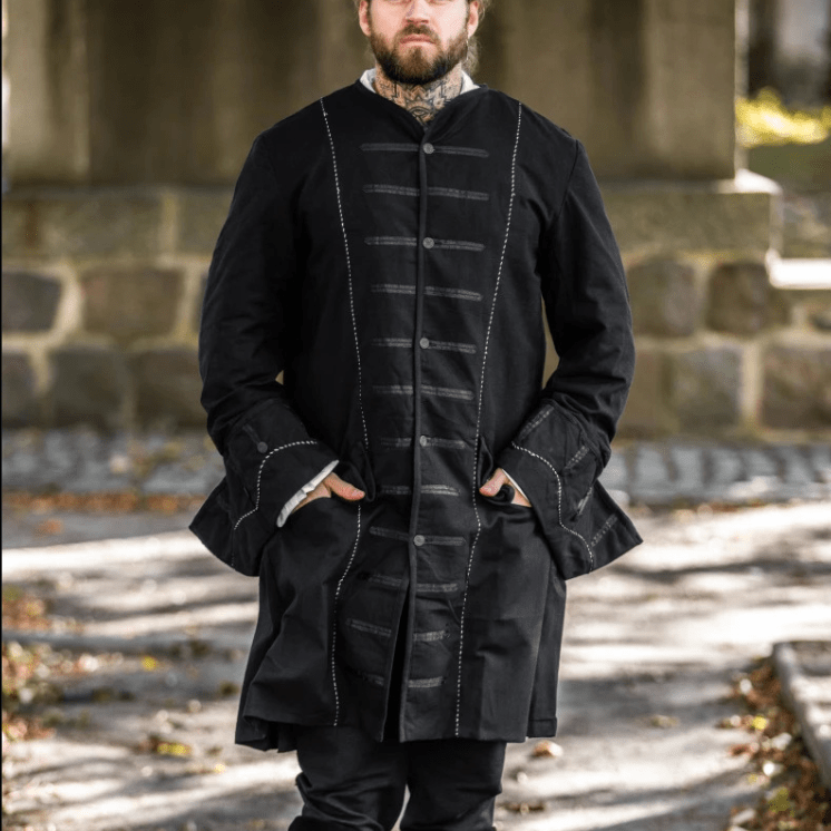 Black Long Frock Coat | Wide Rolled Sleeves with Metal Buttons