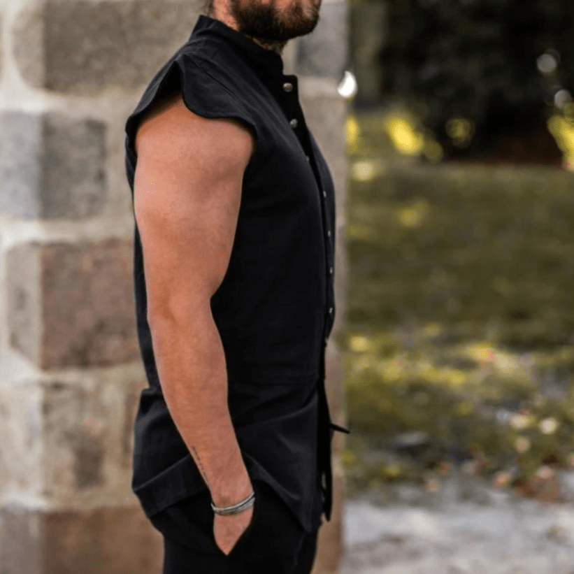 Black Sleeveless Viking Vest | Button-Up Front-4-Viking Warrior