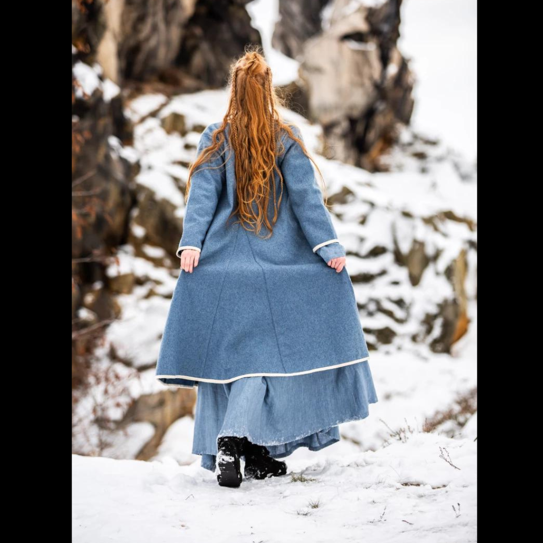 Women&#39;s Blue Wool Viking-Inspired Coat | Urnes Embroidery
