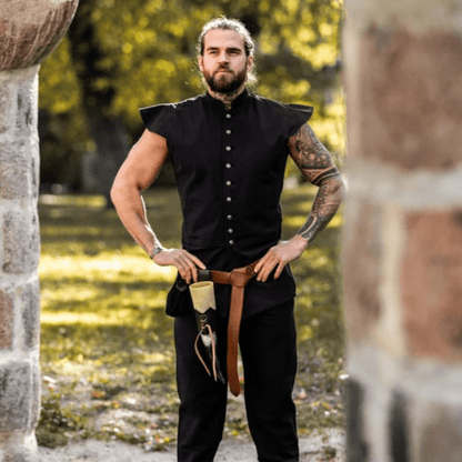 Black Sleeveless Viking Vest | Button-Up Front-5-Viking Warrior