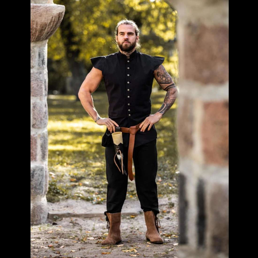 Black Sleeveless Viking Vest | Button-Up Front