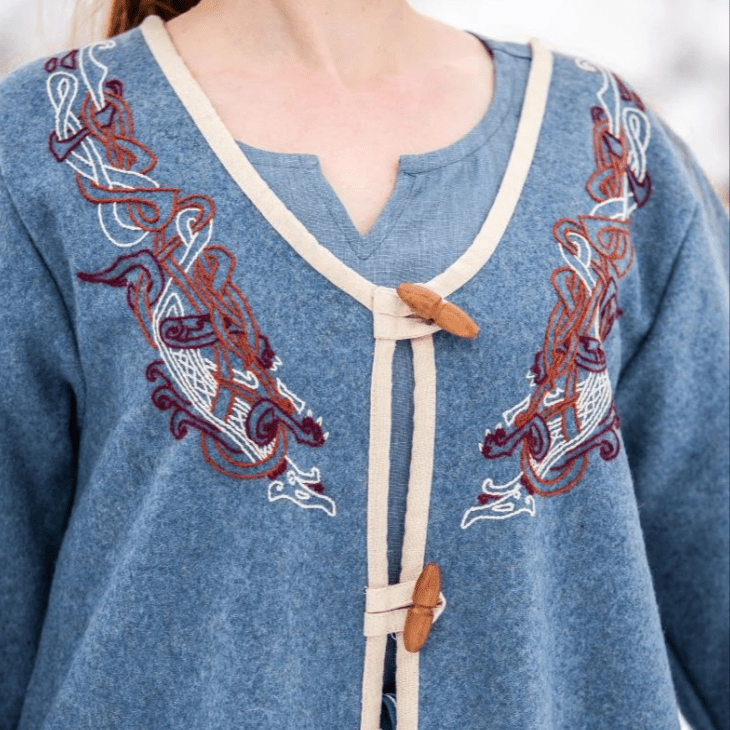 Women&#39;s Blue Wool Viking-Inspired Coat | Urnes Embroidery