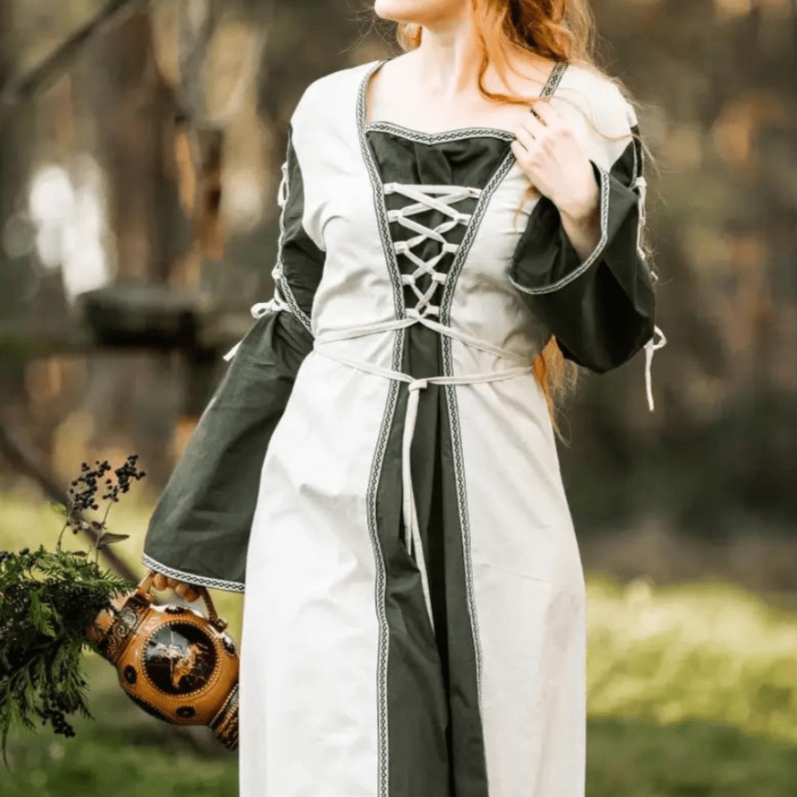 Viking Dress With Laces - Natural and Green Dress with Border