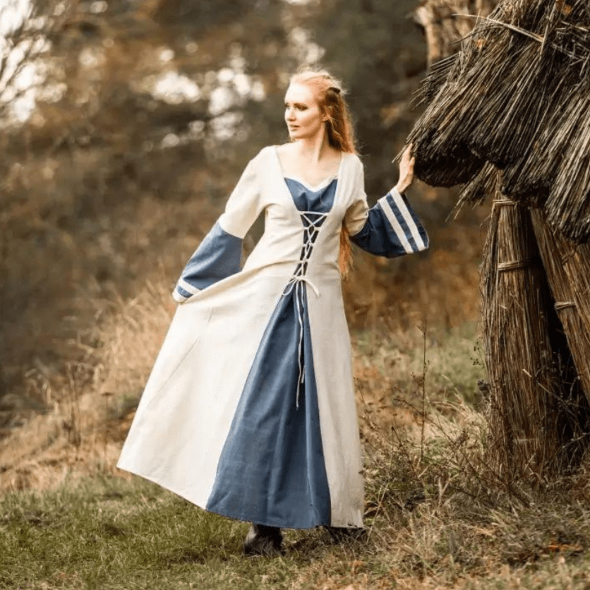 Viking Dress - Long Sleeves in Natural and Blue with Lacing