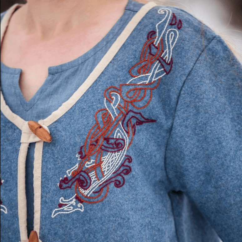 Women&#39;s Blue Wool Viking-Inspired Coat | Urnes Embroidery