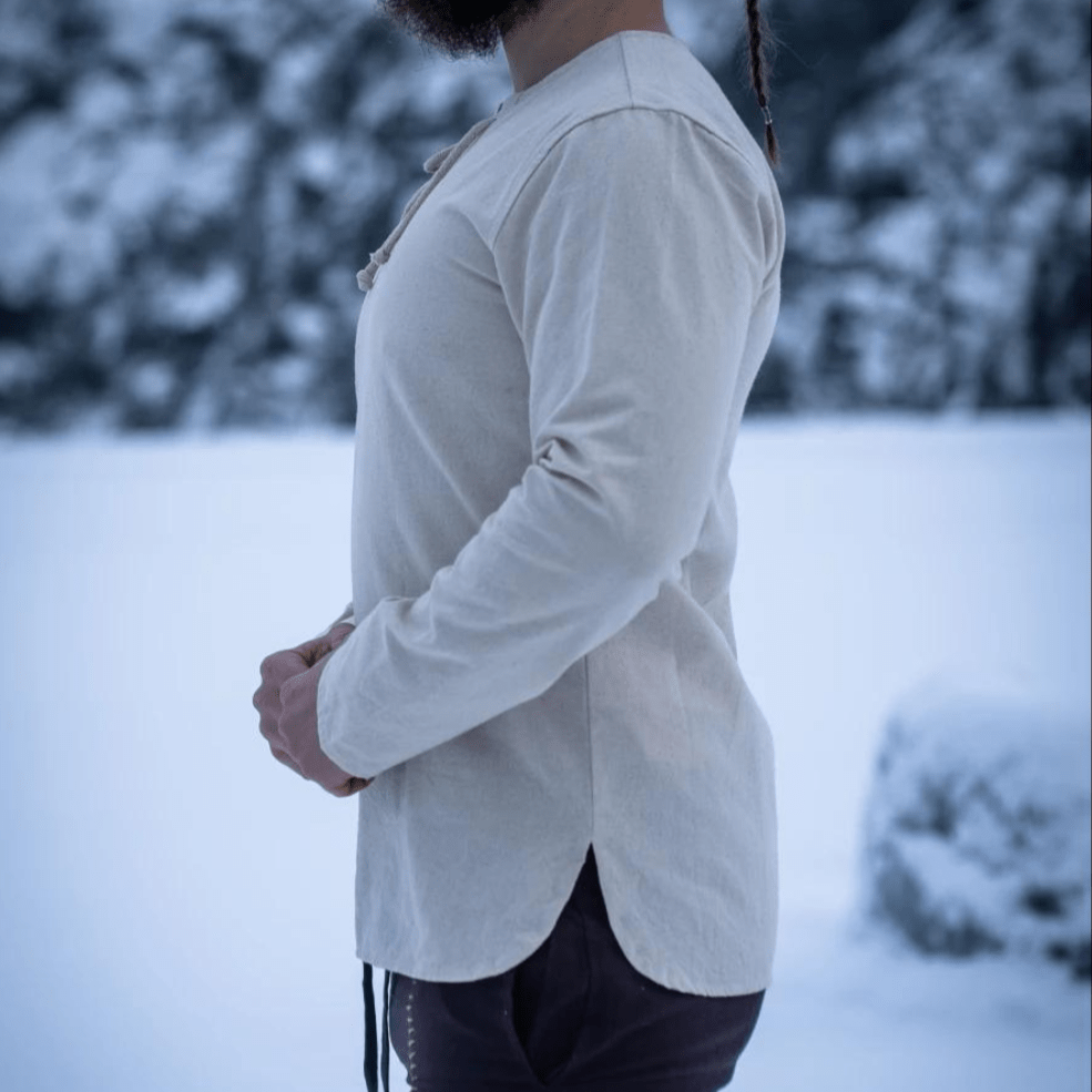 Natural Cotton Viking Tunic | Long Sleeves, Lace-Up Collar