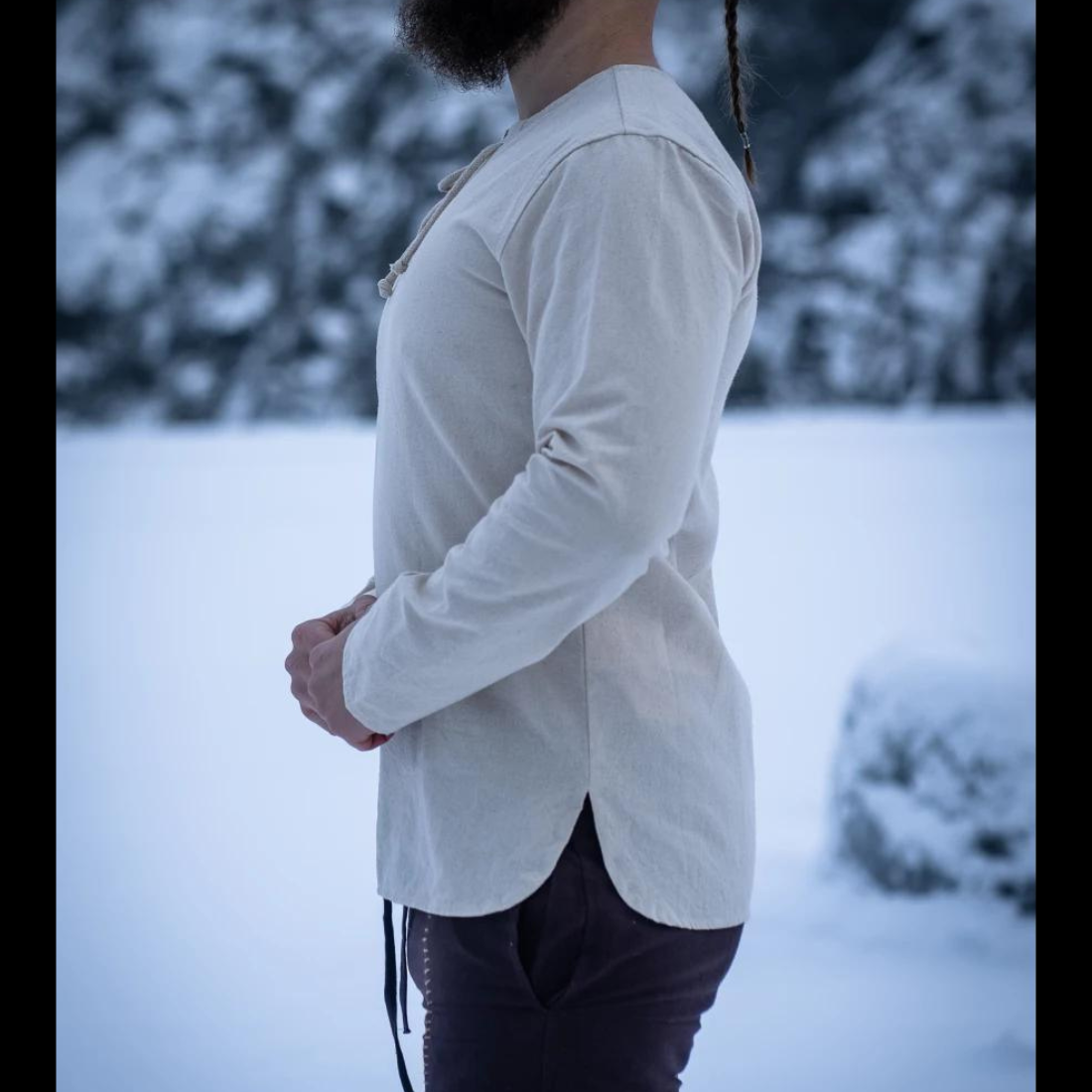 Natural Cotton Viking Tunic | Long Sleeves, Lace-Up Collar