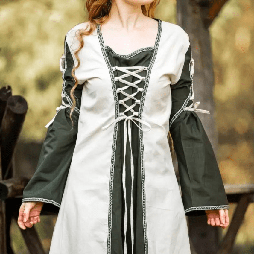 Viking Dress With Laces - Natural and Green Dress with Border