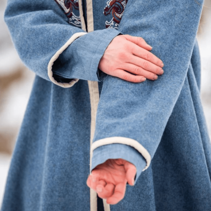 Women&#39;s Blue Wool Viking-Inspired Coat | Urnes Embroidery