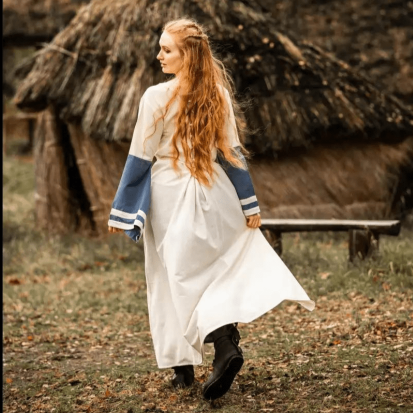 Viking Dress - Long Sleeves in Natural and Blue with Lacing