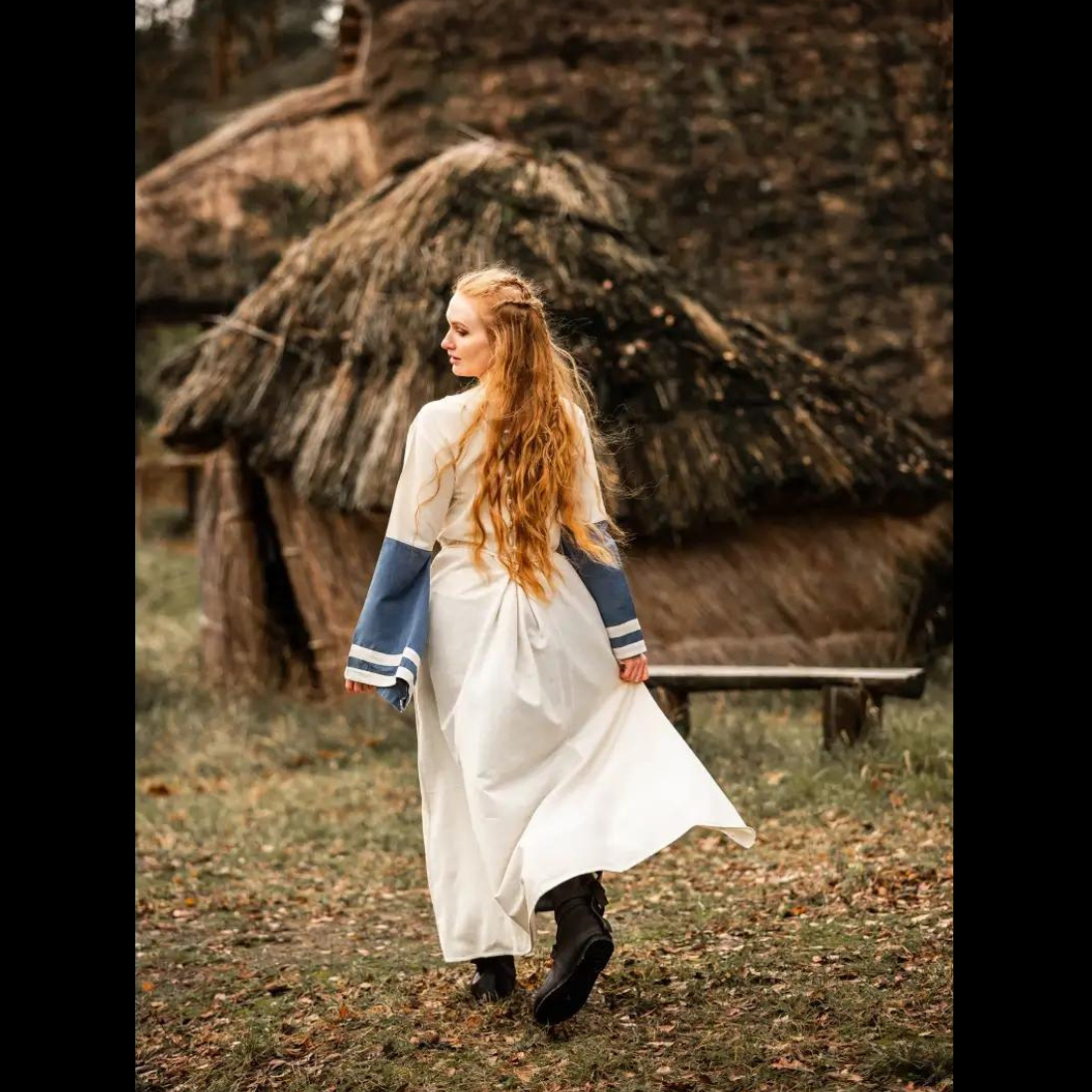 Viking Dress - Long Sleeves in Natural and Blue with Lacing