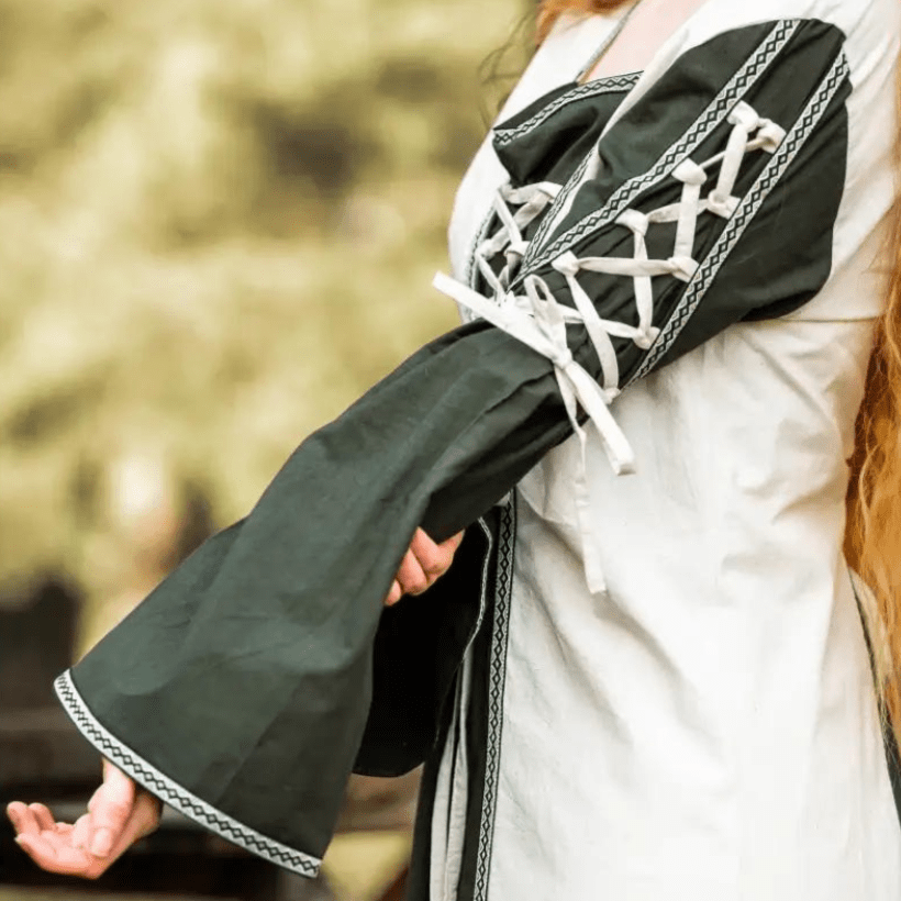 Viking Dress With Laces - Natural and Green Dress with Border