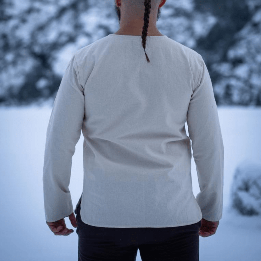 Natural Cotton Viking Tunic | Long Sleeves, Lace-Up Collar