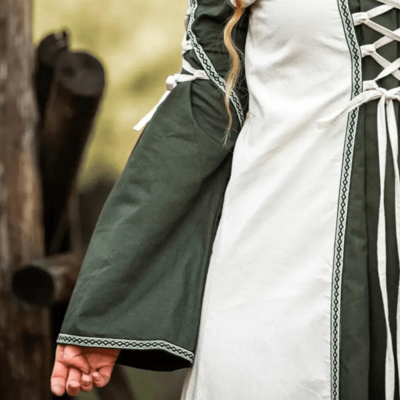 Viking Dress With Laces - Natural and Green Dress with Border