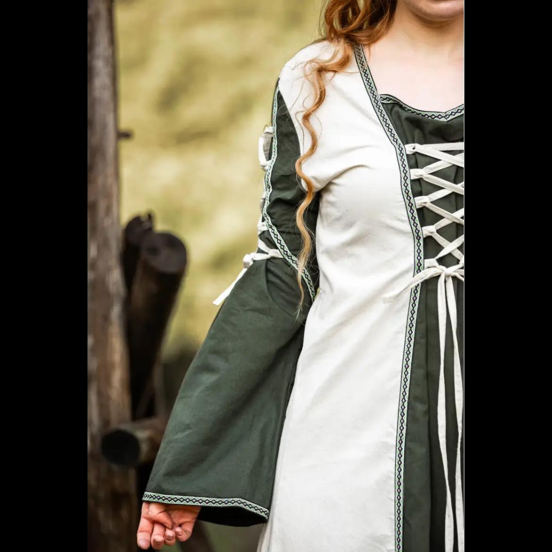 Viking Dress With Laces - Natural and Green Dress with Border