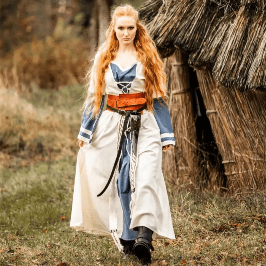 Viking Dress - Long Sleeves in Natural and Blue with Lacing