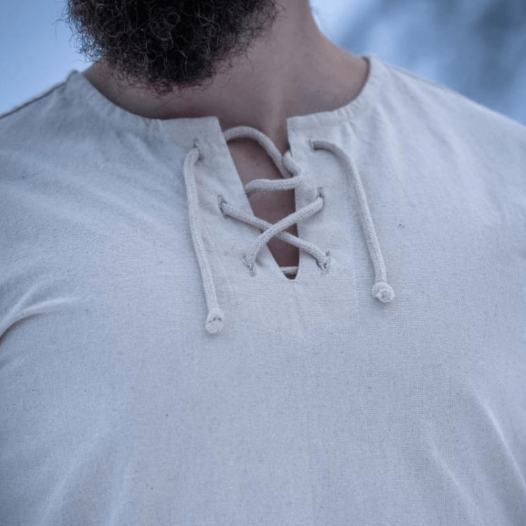 Natural Cotton Viking Tunic | Long Sleeves, Lace-Up Collar