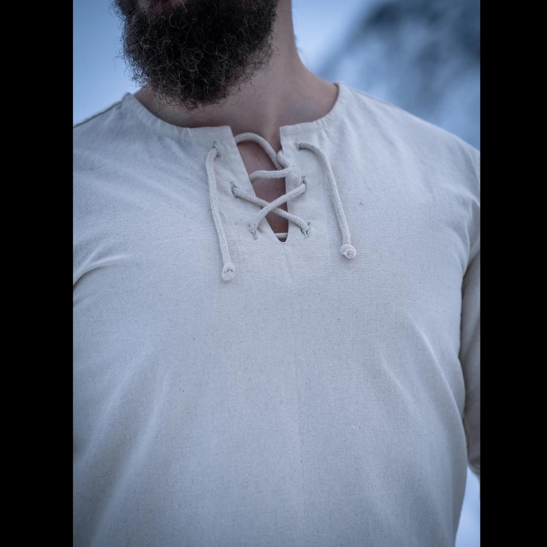 Natural Cotton Viking Tunic | Long Sleeves, Lace-Up Collar