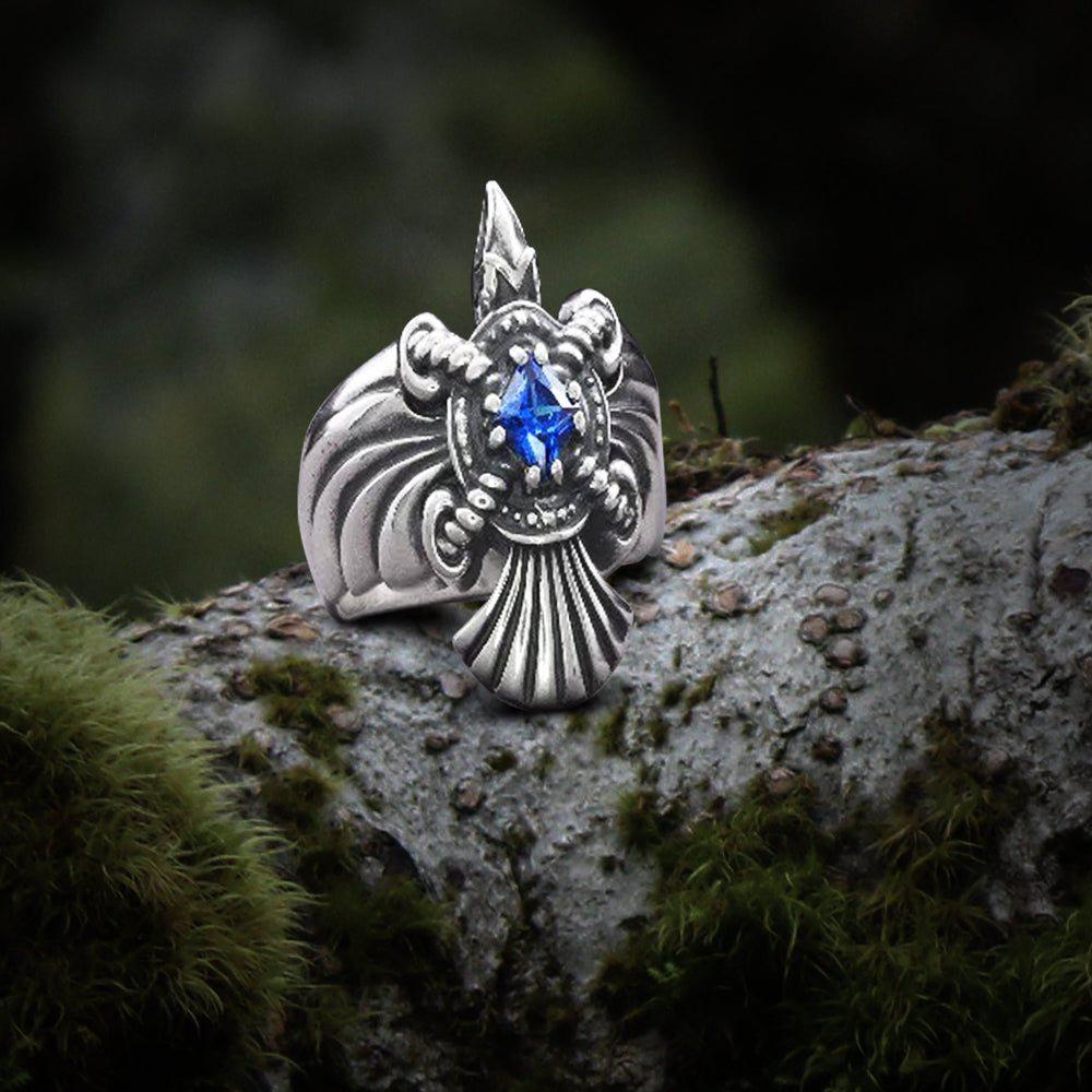925 Silver Handmade Ring With Raven And Blue Gem, Handcrafted Jewelry-1