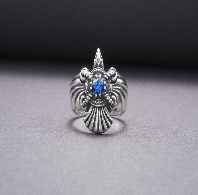 925 Silver Handmade Ring With Raven And Blue Gem, Handcrafted Jewelry-2