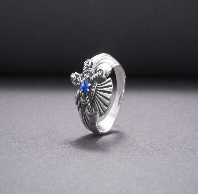 925 Silver Handmade Ring With Raven And Blue Gem, Handcrafted Jewelry-4