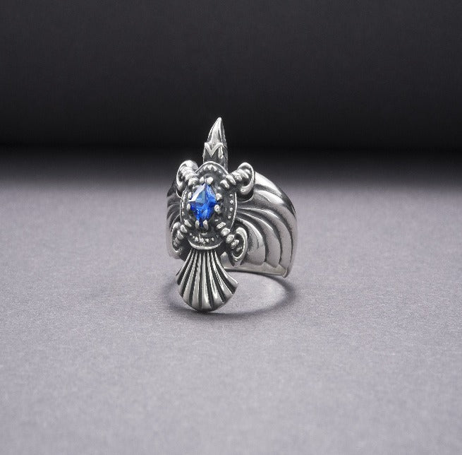 925 Silver Handmade Ring With Raven And Blue Gem, Handcrafted Jewelry-5