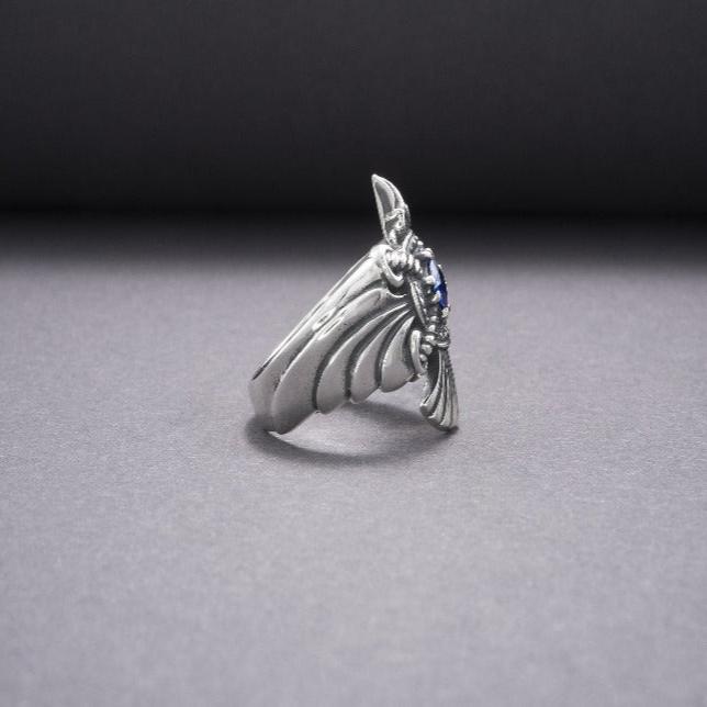 925 Silver Handmade Ring With Raven And Blue Gem, Handcrafted Jewelry-6