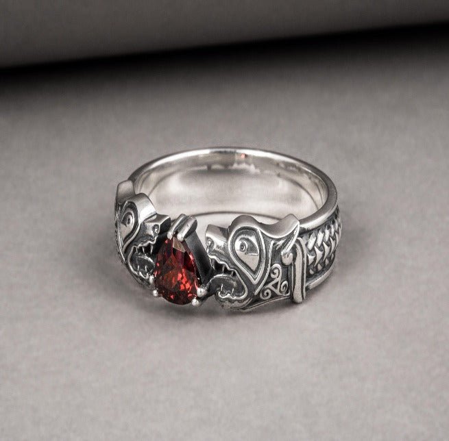 925 silver Viking ring with Norse wolf Fenrir and gem, unique handcrafted jewelry-3