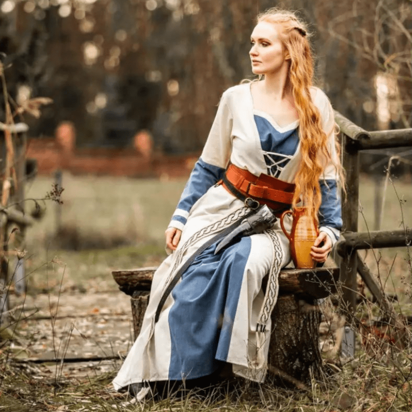 Viking Dress - Long Sleeves in Natural and Blue with Lacing