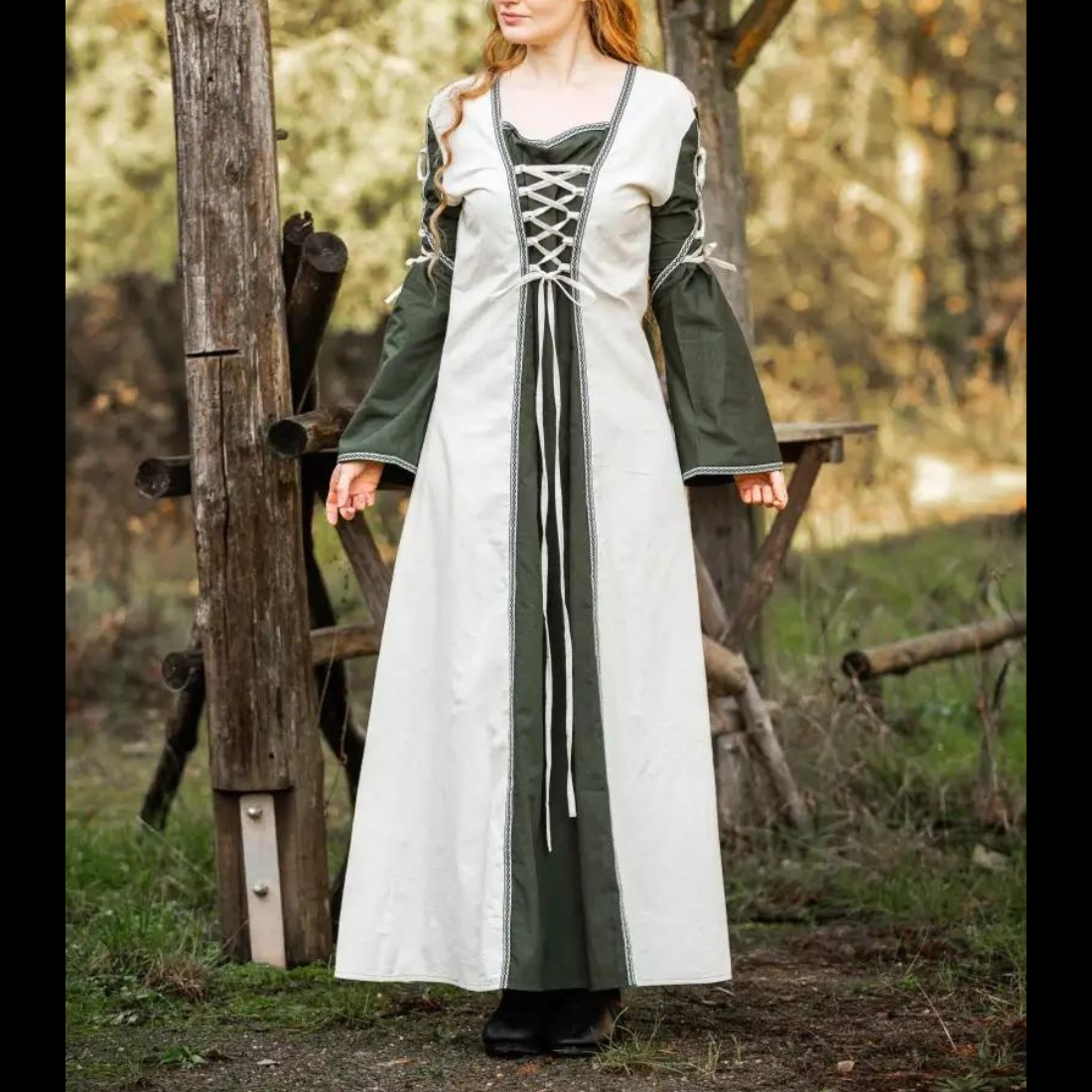Viking Dress With Laces - Natural and Green Dress with Border