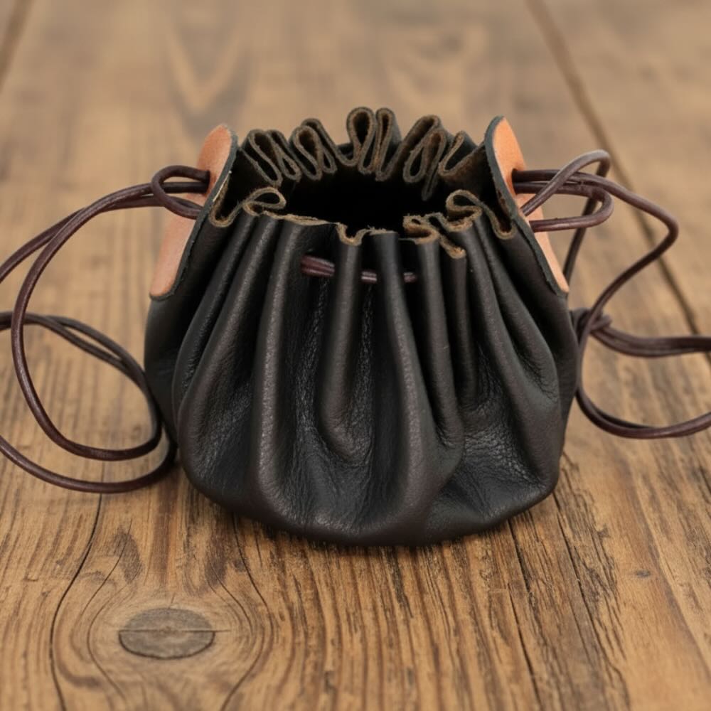 Black leather Viking drawstring pouch with brown accents on a wooden surface.