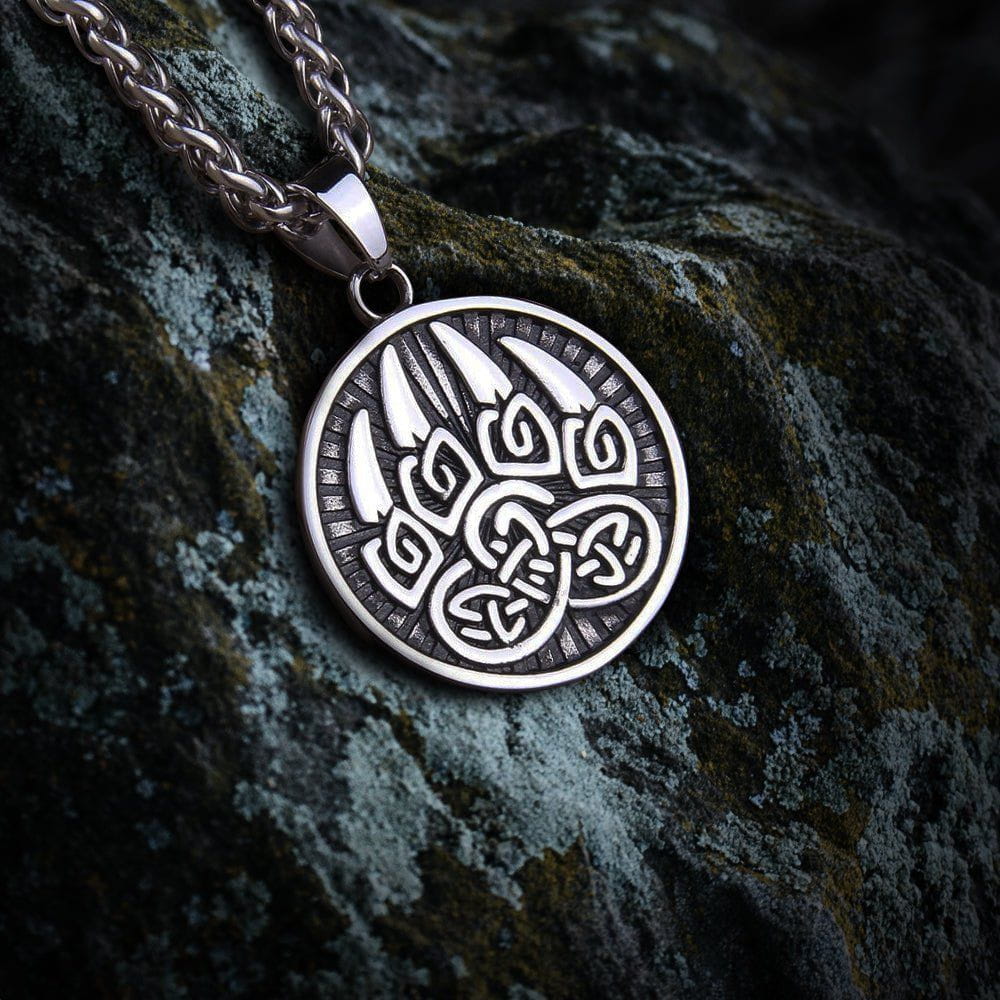 Viking Berserker bear paw knotwork necklace in silver, featuring intricate Celtic design.