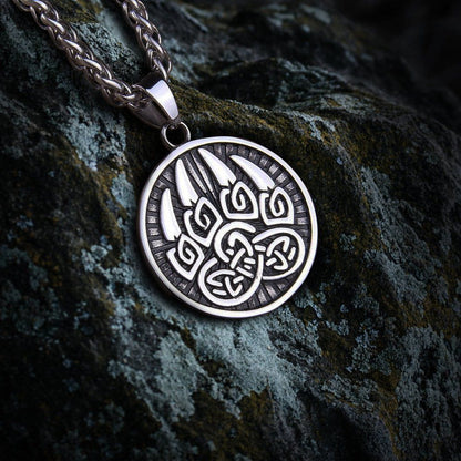 Viking Berserker bear paw knotwork necklace in silver, featuring intricate Celtic design.