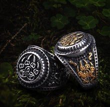 Viking Berserker Bear Talisman steel ring with gold accents and intricate knotwork.