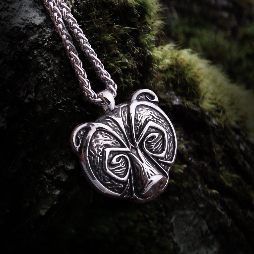 Viking Berserker Bear Totem Necklace: Silver metal pendant with intricate bear head design on a chain.