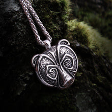 Viking Berserker Bear Totem Necklace: Silver metal pendant with intricate bear head design on a chain.