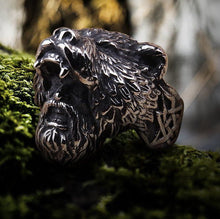 Viking Berserker Bear Warrior Ring, dark silver-tone stainless steel, detailed bear head design.