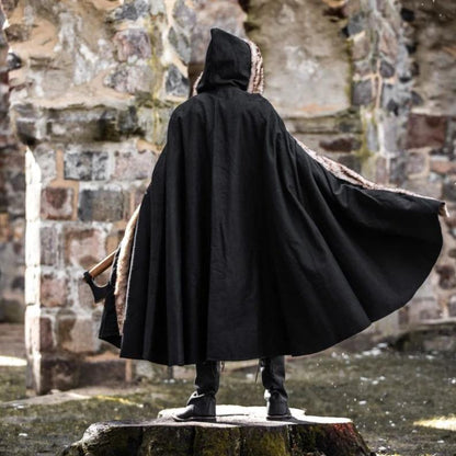 Black Hooded Viking Cloak | Brown Faux Fur Trim-12-Viking Warrior