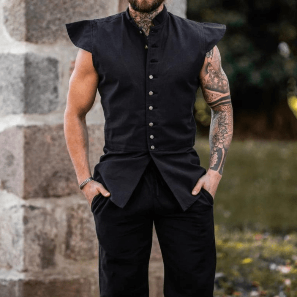 Black sleeveless Viking vest with button-up front and stand collar, worn by a man.