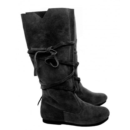 Black suede Viking wrap-tied boots with flat soles.