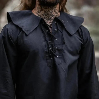 Black Viking Shirt | Wide Round Collar with Lacing-4-Viking Warrior