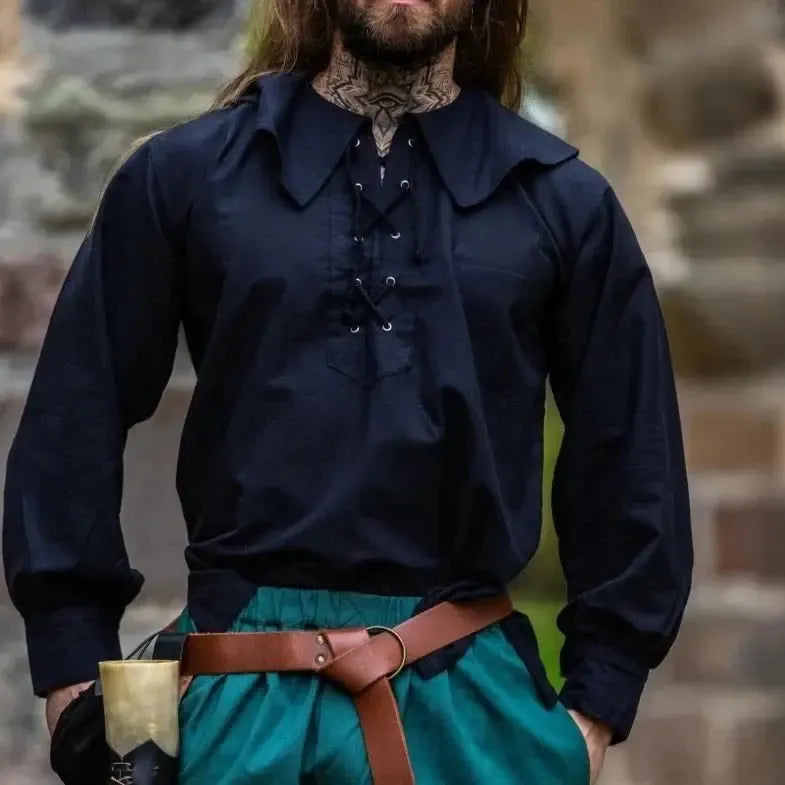 Black Viking shirt with wide round collar and front lacing, worn by a man.