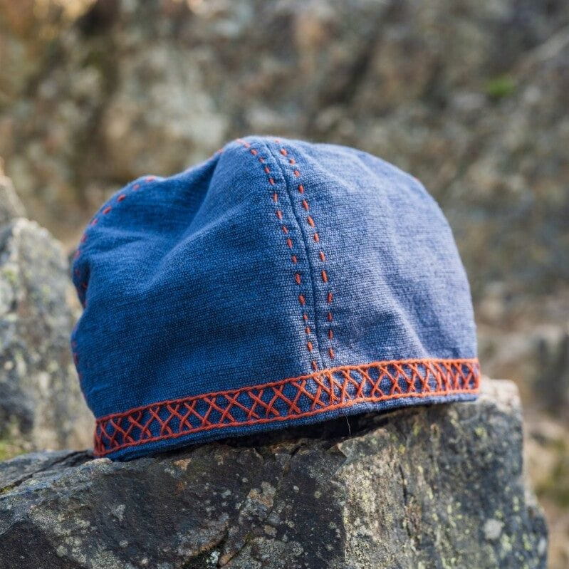 Blue Cotton Viking Cap | Red Embroidered Norse Motifs-2-Viking Warrior
