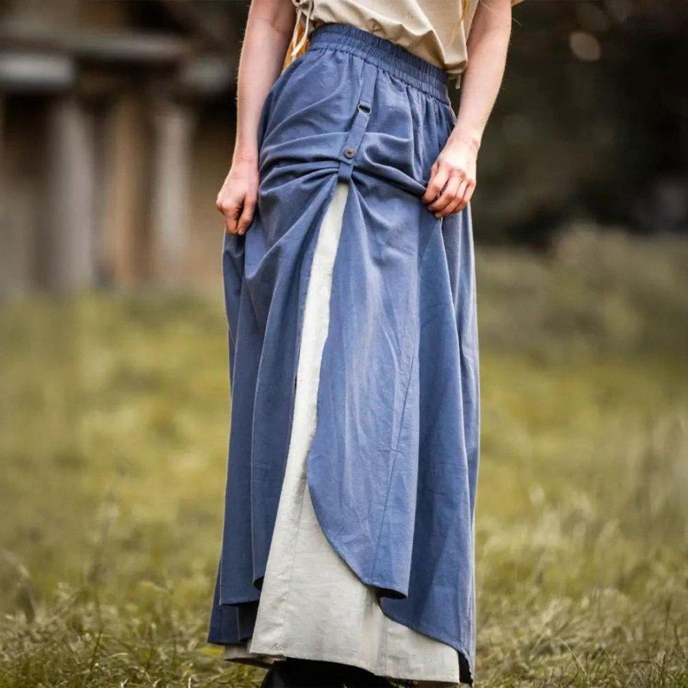 Blue & natural double-layer Viking skirt with a front slit and button detail.